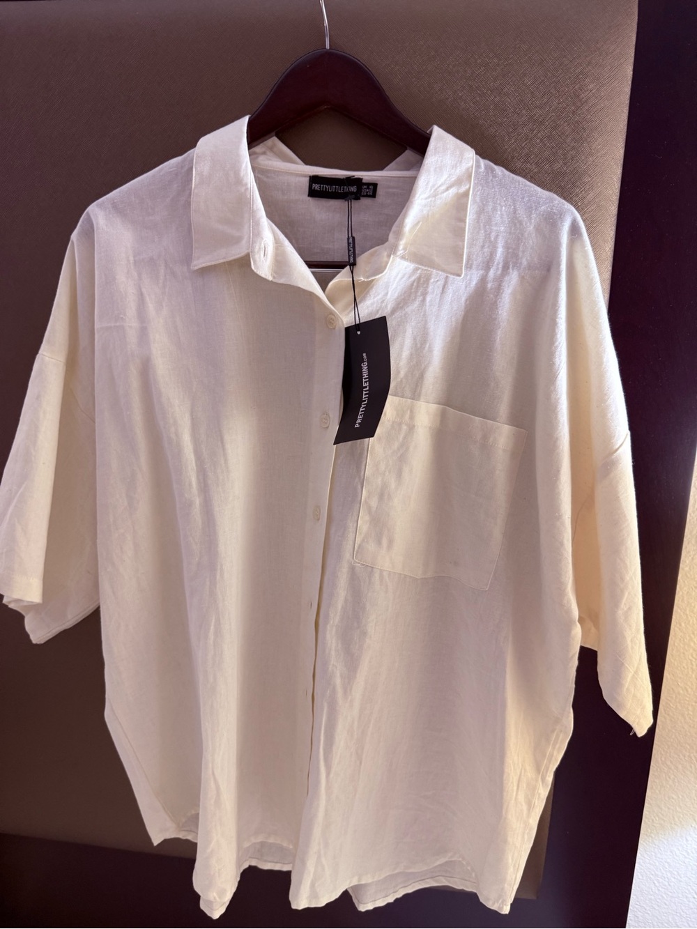 Linen PrettyLittleThing Cream Short-Sleeve Button-Up Shirt